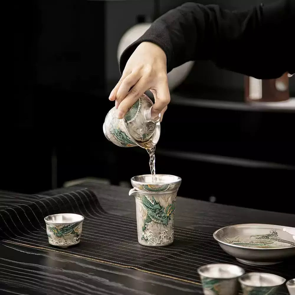 純銀茶器セット|家庭用・中華風・純手作り蓋碗・高級銀製急須・鍍銀茶杯・ギフトボックス入り