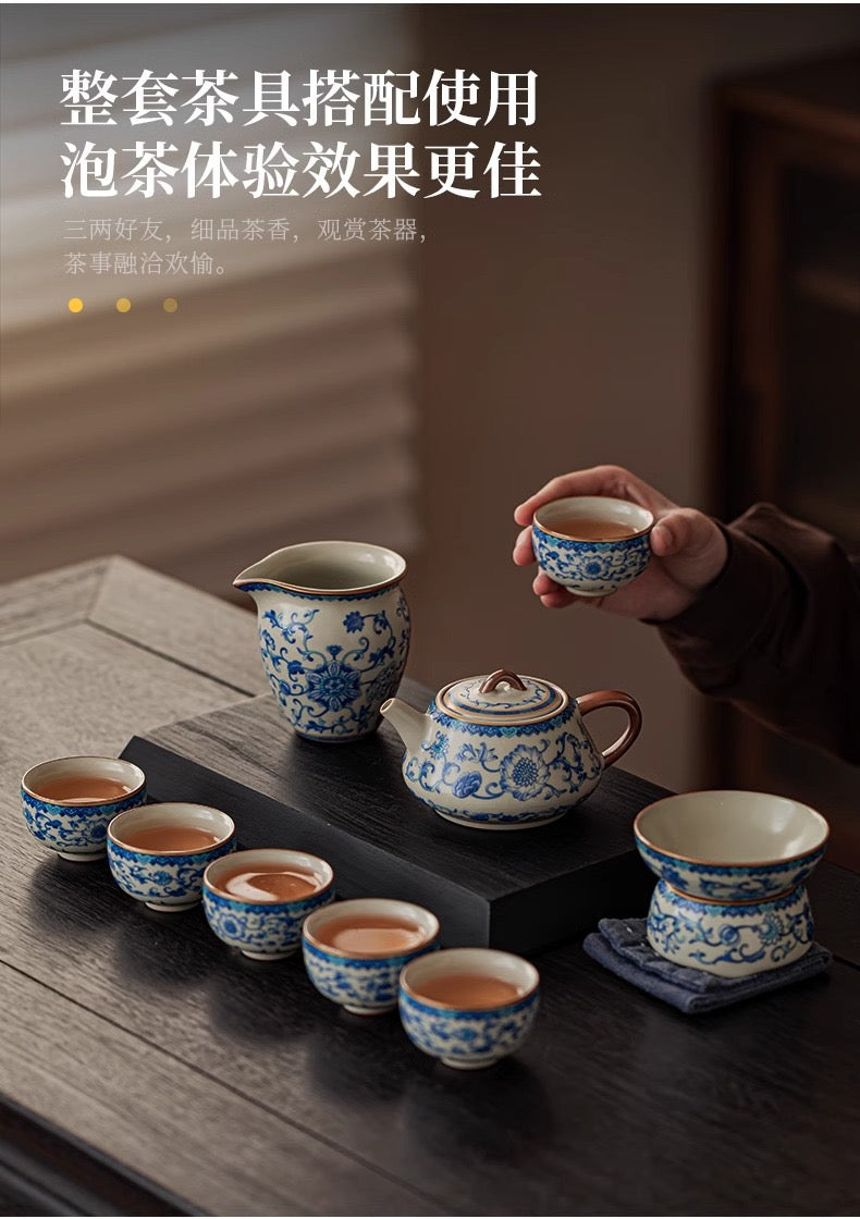 故宮国潮汝窯青花磁器功夫茶器セット 家庭用|2025年新作・高級軽ラグジュアリー・茶壺&茶杯付き
