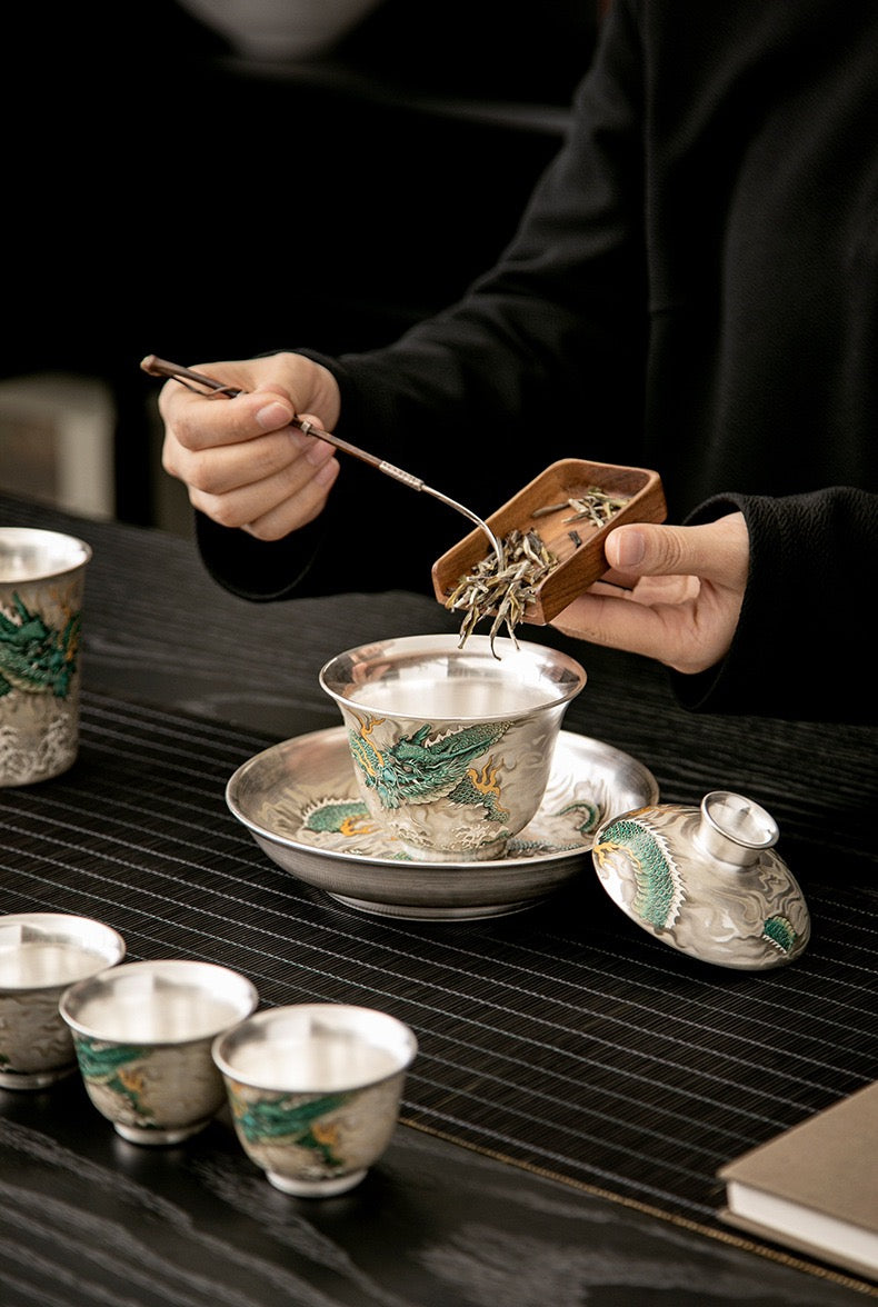 純銀茶器セット|家庭用・中華風・純手作り蓋碗・高級銀製急須・鍍銀茶杯・ギフトボックス入り