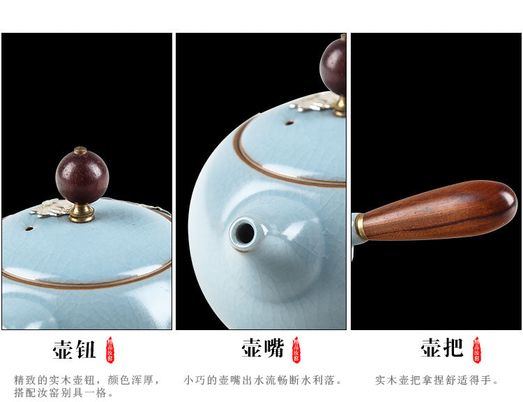 汝窯茶器セット 銀縁付き 茶器フルセット 銀魚杯 開片汝磁器 功夫茶 側把壺 オフィス用陶磁器茶杯