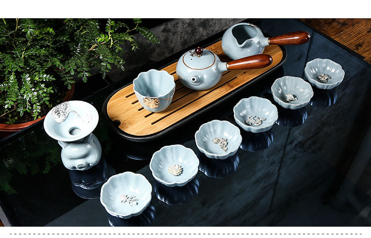 汝窯茶器セット 銀縁付き 茶器フルセット 銀魚杯 開片汝磁器 功夫茶 側把壺 オフィス用陶磁器茶杯