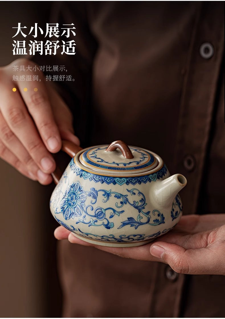 故宮国潮汝窯青花磁器功夫茶器セット 家庭用|2025年新作・高級軽ラグジュアリー・茶壺&茶杯付き