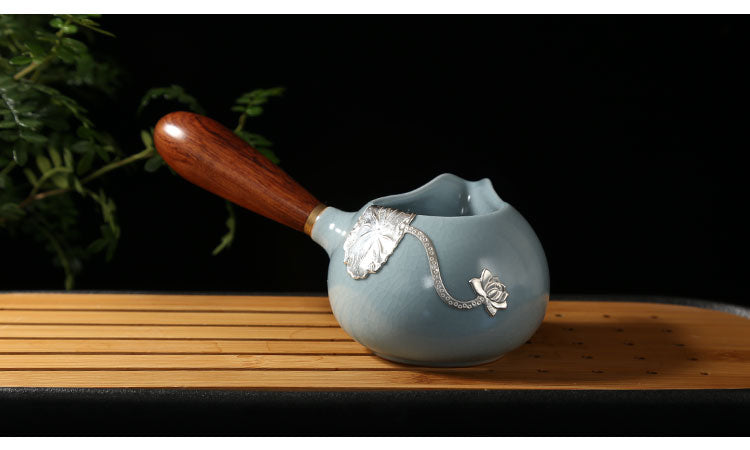 汝窯茶器セット 銀縁付き 茶器フルセット 銀魚杯 開片汝磁器 功夫茶 側把壺 オフィス用陶磁器茶杯
