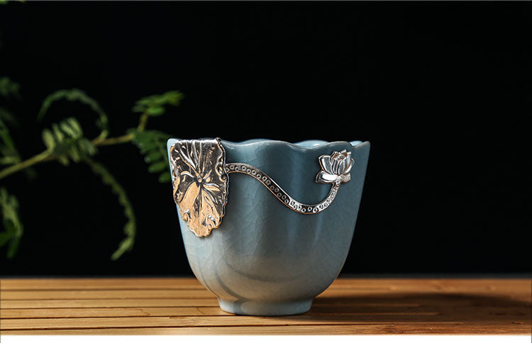 汝窯茶器セット 銀縁付き 茶器フルセット 銀魚杯 開片汝磁器 功夫茶 側把壺 オフィス用陶磁器茶杯