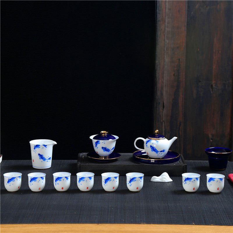 景徳鎮・朋寄祭蘭 手描き青花磁器 羊脂玉描金 ギフトボックス 茶器セット 蓋碗・急須・品茗杯