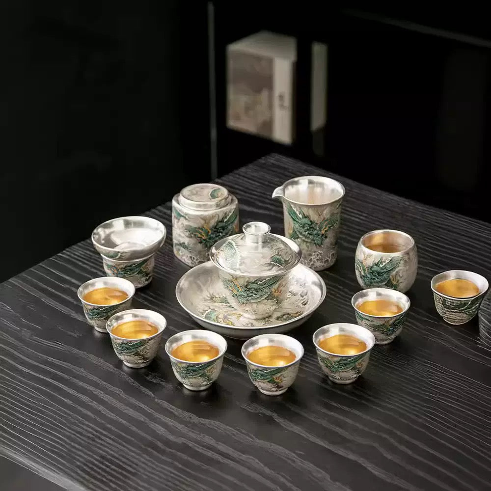純銀茶器セット|家庭用・中華風・純手作り蓋碗・高級銀製急須・鍍銀茶杯・ギフトボックス入り