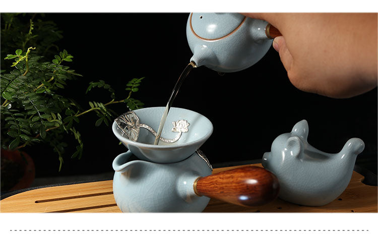 汝窯茶器セット 銀縁付き 茶器フルセット 銀魚杯 開片汝磁器 功夫茶 側把壺 オフィス用陶磁器茶杯
