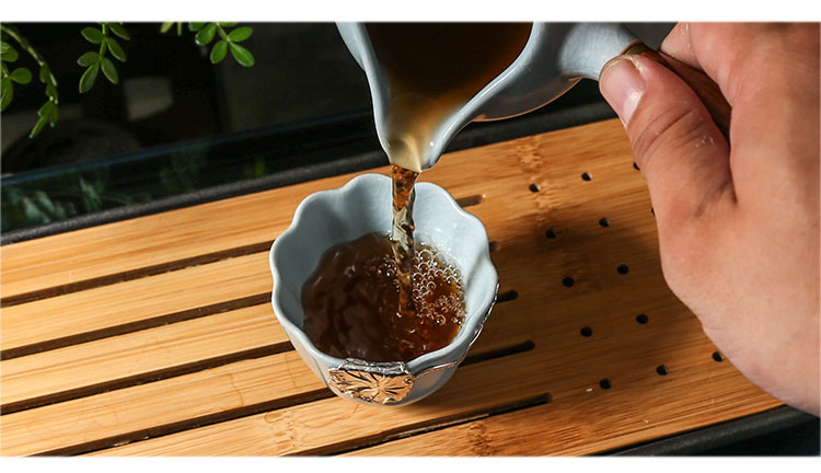 汝窯茶器セット 銀縁付き 茶器フルセット 銀魚杯 開片汝磁器 功夫茶 側把壺 オフィス用陶磁器茶杯