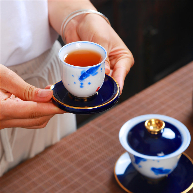 景徳鎮・朋寄祭蘭 手描き青花磁器 羊脂玉描金 ギフトボックス 茶器セット 蓋碗・急須・品茗杯