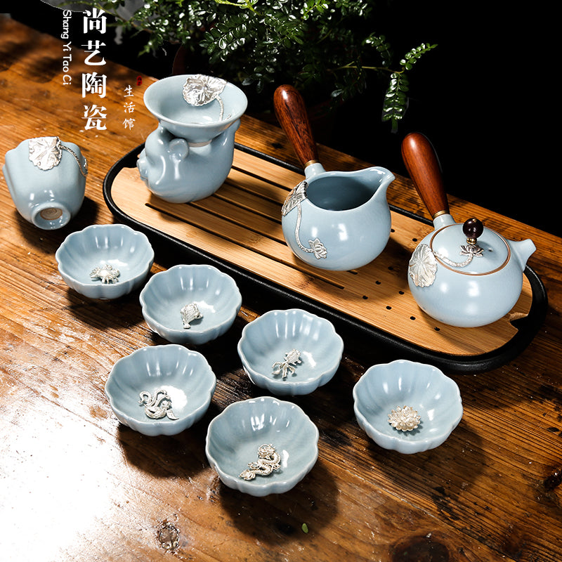 汝窯茶器セット 銀縁付き 茶器フルセット 銀魚杯 開片汝磁器 功夫茶 側把壺 オフィス用陶磁器茶杯