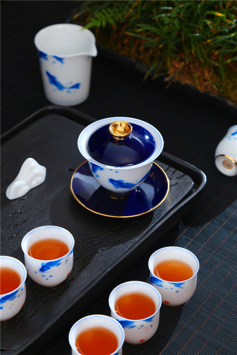 景徳鎮・朋寄祭蘭 手描き青花磁器 羊脂玉描金 ギフトボックス 茶器セット 蓋碗・急須・品茗杯