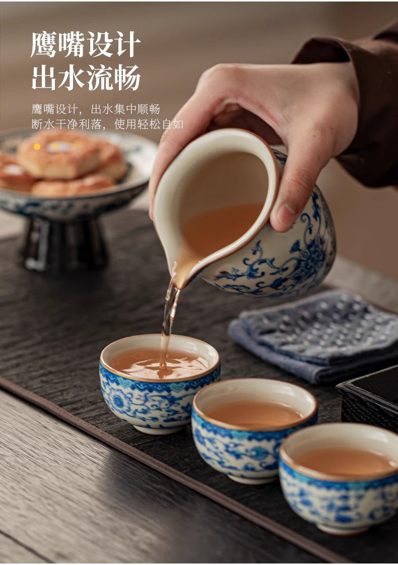 故宮国潮汝窯青花磁器功夫茶器セット 家庭用|2025年新作・高級軽ラグジュアリー・茶壺&茶杯付き