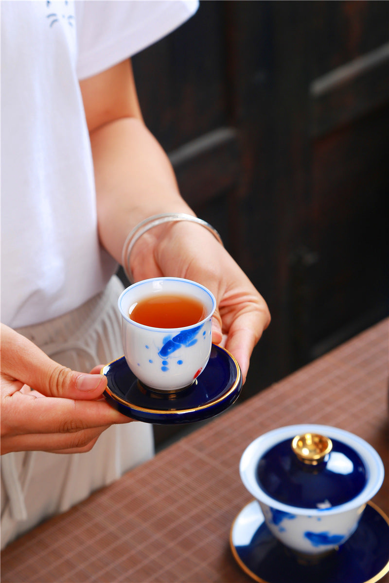 景徳鎮・朋寄祭蘭 手描き青花磁器 羊脂玉描金 ギフトボックス 茶器セット 蓋碗・急須・品茗杯