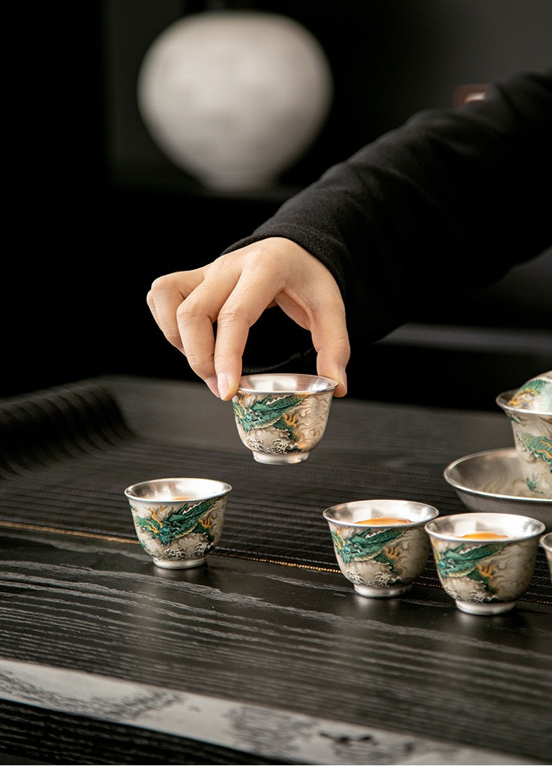 純銀茶器セット|家庭用・中華風・純手作り蓋碗・高級銀製急須・鍍銀茶杯・ギフトボックス入り