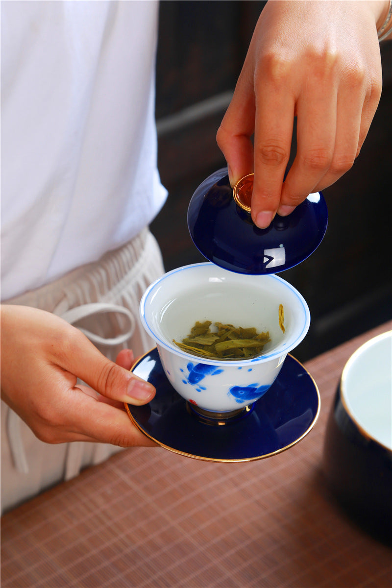 景徳鎮・朋寄祭蘭 手描き青花磁器 羊脂玉描金 ギフトボックス 茶器セット 蓋碗・急須・品茗杯