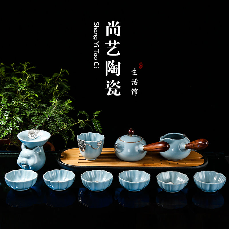 汝窯茶器セット 銀縁付き 茶器フルセット 銀魚杯 開片汝磁器 功夫茶 側把壺 オフィス用陶磁器茶杯
