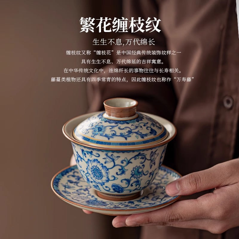 故宮国潮汝窯青花磁器功夫茶器セット 家庭用|2025年新作・高級軽ラグジュアリー・茶壺&茶杯付き
