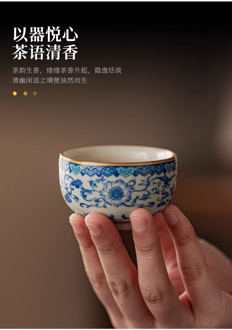 故宮国潮汝窯青花磁器功夫茶器セット 家庭用|2025年新作・高級軽ラグジュアリー・茶壺&茶杯付き