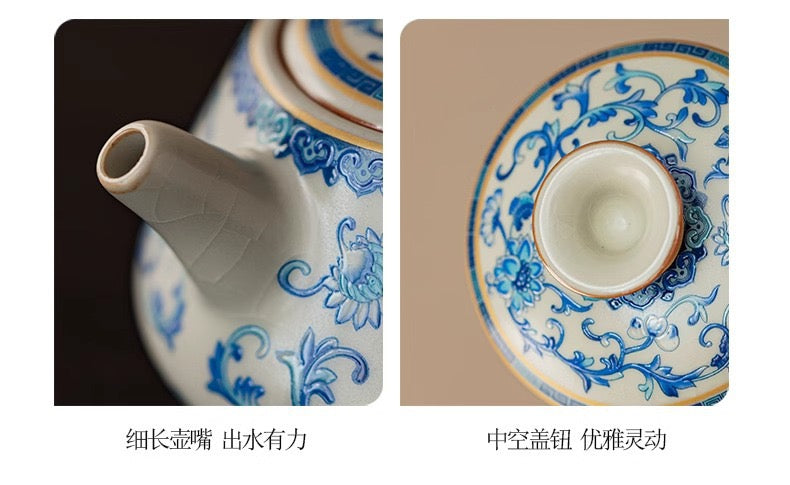 故宮国潮汝窯青花磁器功夫茶器セット 家庭用|2025年新作・高級軽ラグジュアリー・茶壺&茶杯付き