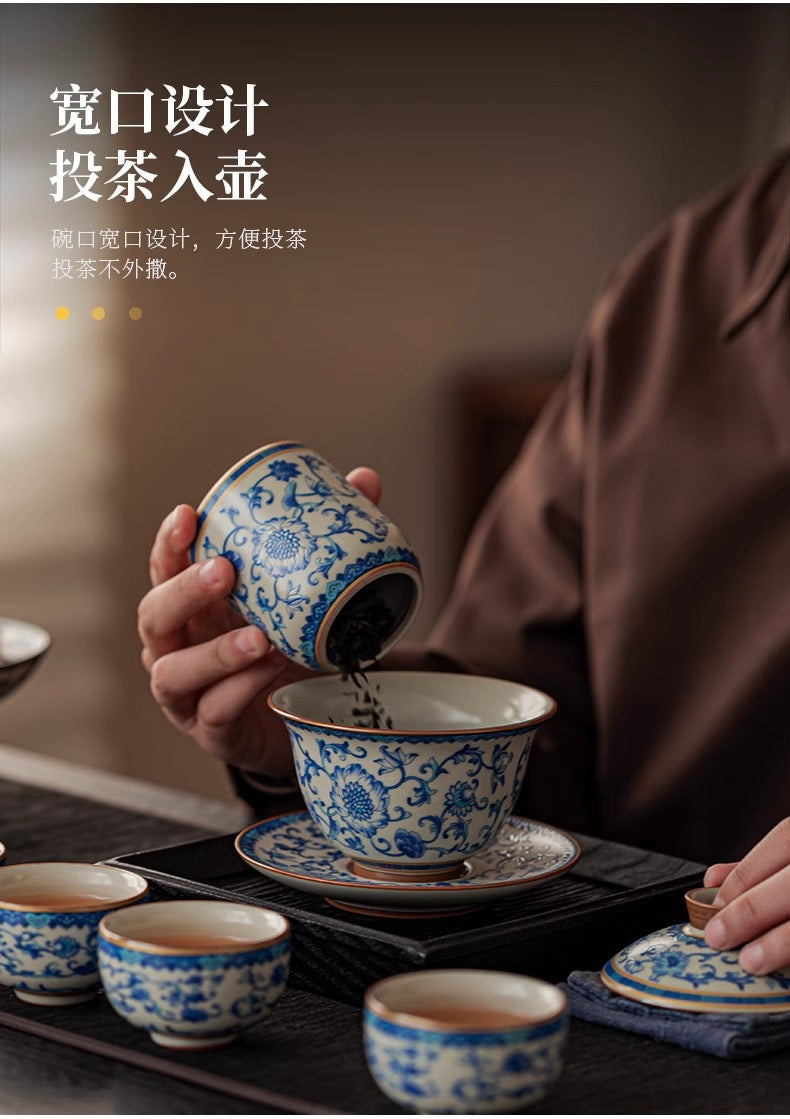 故宮国潮汝窯青花磁器功夫茶器セット 家庭用|2025年新作・高級軽ラグジュアリー・茶壺&茶杯付き