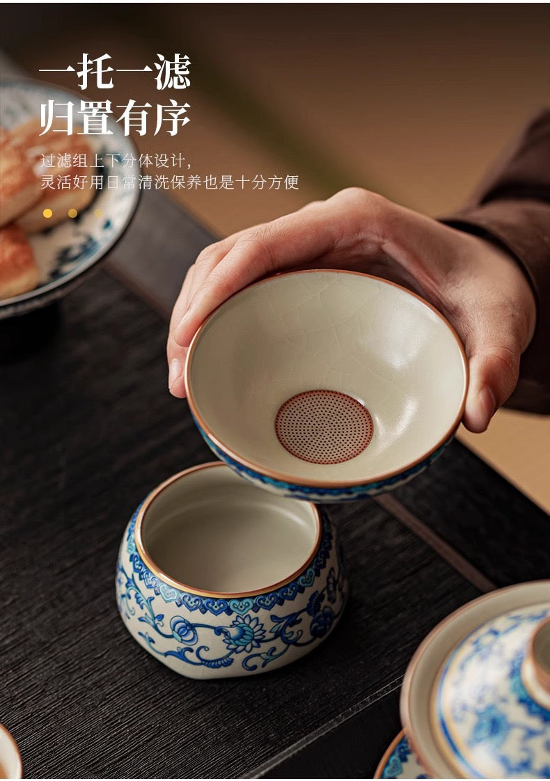 故宮国潮汝窯青花磁器功夫茶器セット 家庭用|2025年新作・高級軽ラグジュアリー・茶壺&茶杯付き