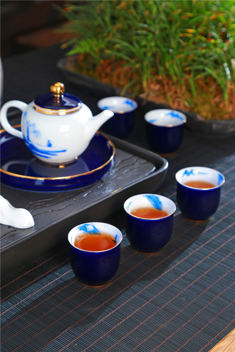 景徳鎮・朋寄祭蘭 手描き青花磁器 羊脂玉描金 ギフトボックス 茶器セット 蓋碗・急須・品茗杯
