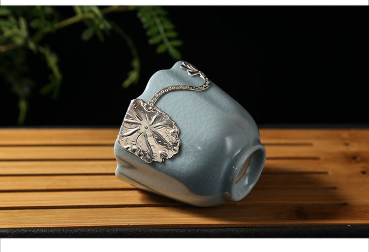 汝窯茶器セット 銀縁付き 茶器フルセット 銀魚杯 開片汝磁器 功夫茶 側把壺 オフィス用陶磁器茶杯